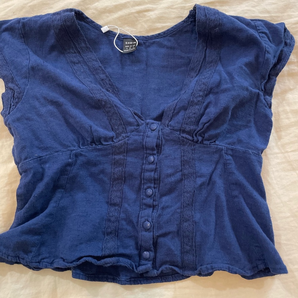 SHEIN Navy Button-Front Blouse